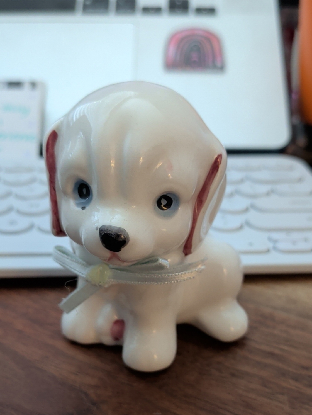 Cute White Ceramic Puppy Figurine with Ribbon